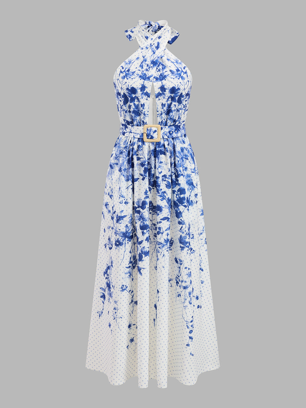 Floral Print Polka Dot Halter Belted Maxi Dress