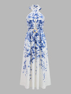 Floral Print Polka Dot Halter Belted Maxi Dress