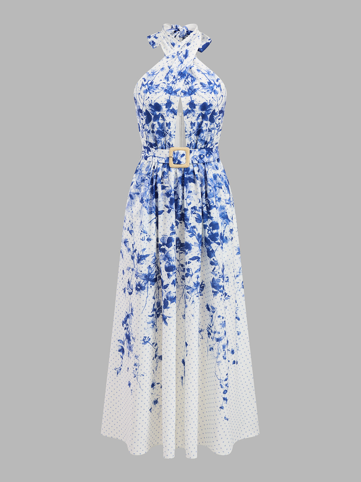 Floral Print Polka Dot Halter Belted Maxi Dress