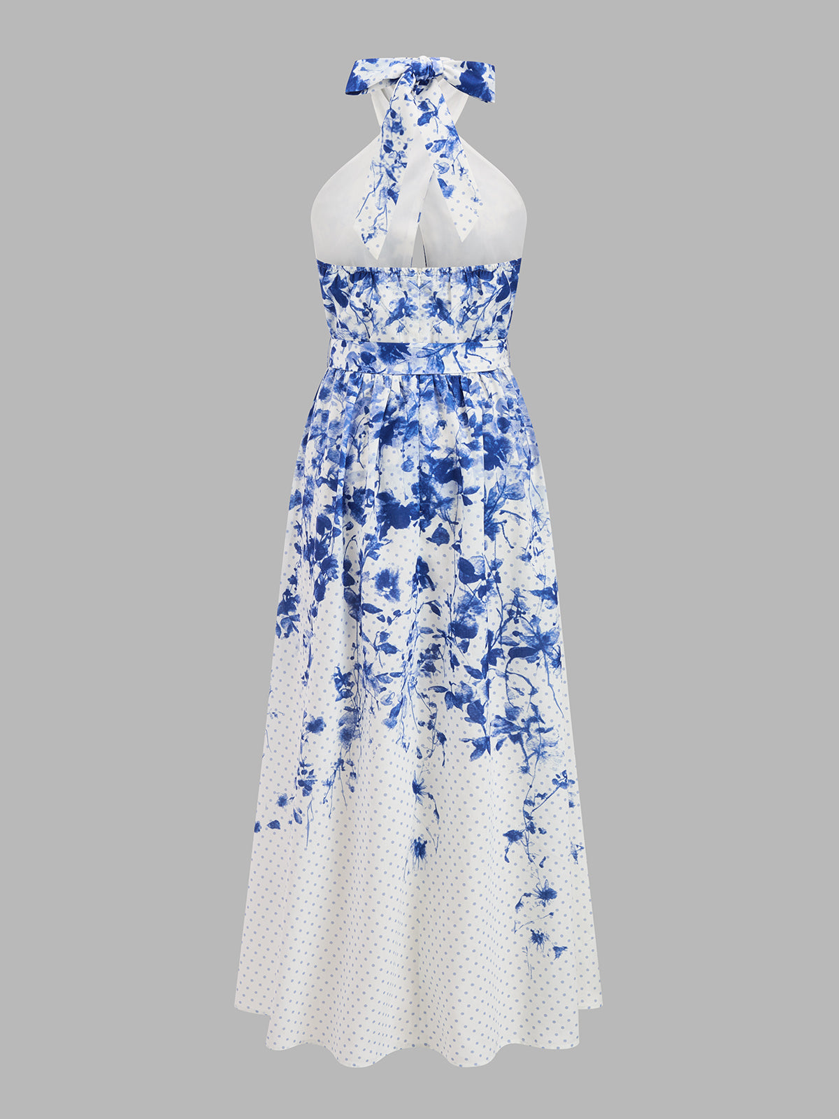 Floral Print Polka Dot Halter Belted Maxi Dress