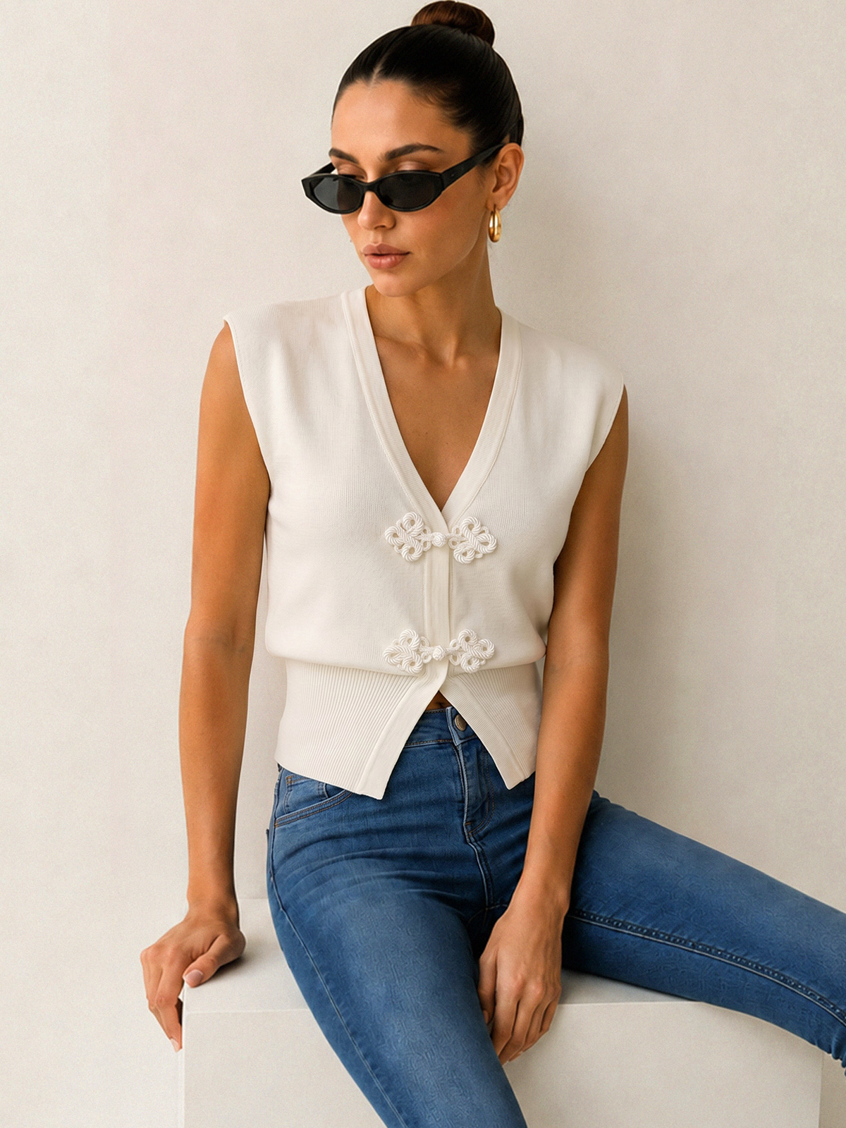 Frog Button V Neck Knit Vest