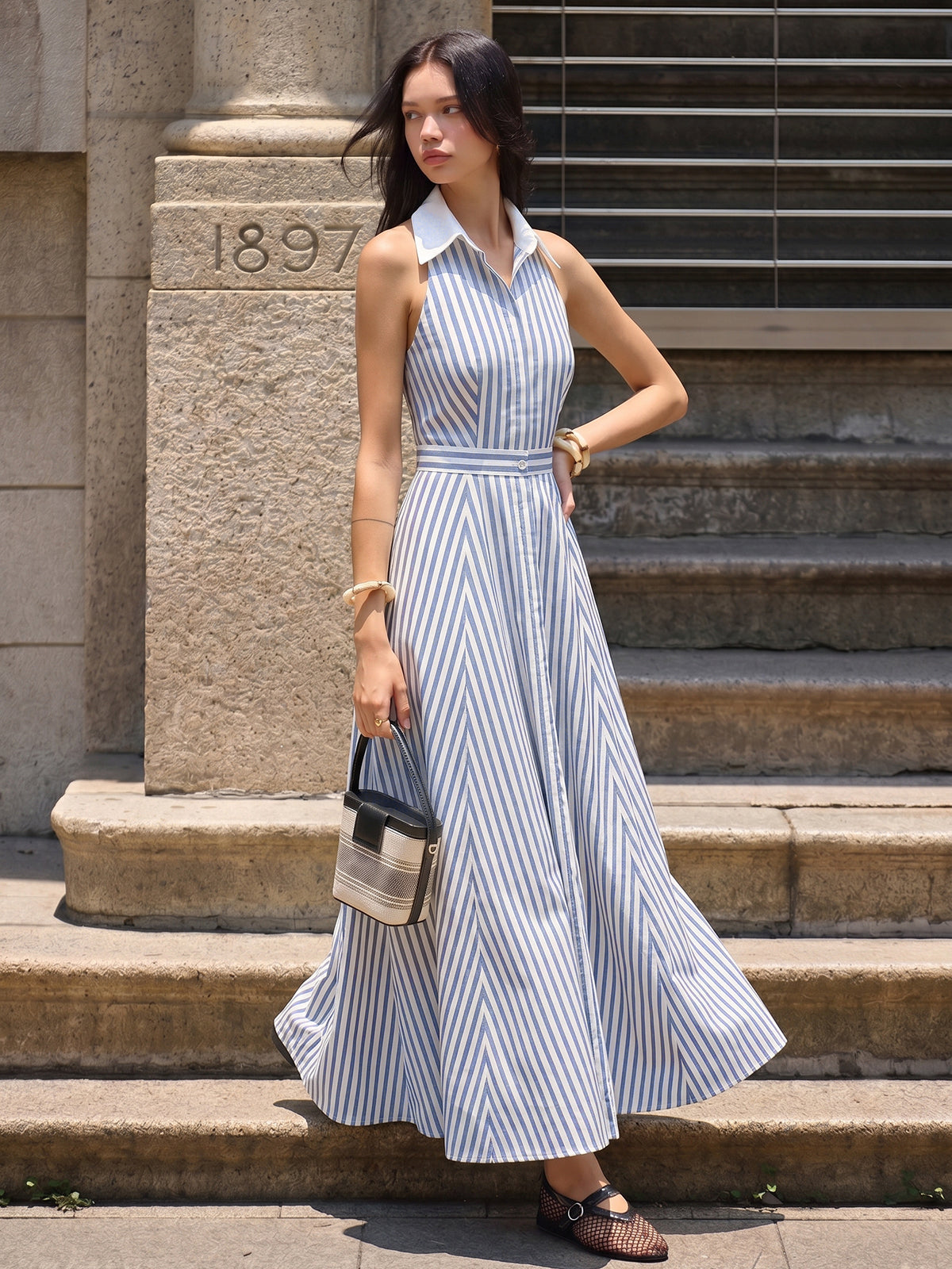 Striped Sleeveless Shirt Maxi Dress
