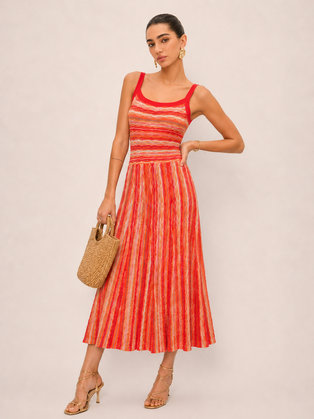 Colorful Stripe Knit Slip Midi Dress