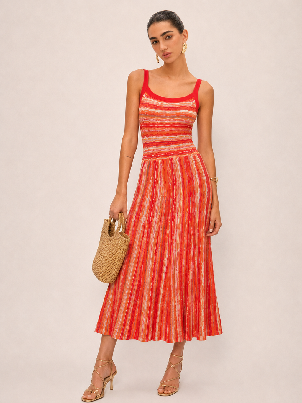 Colorful Stripe Knit Slip Midi Dress