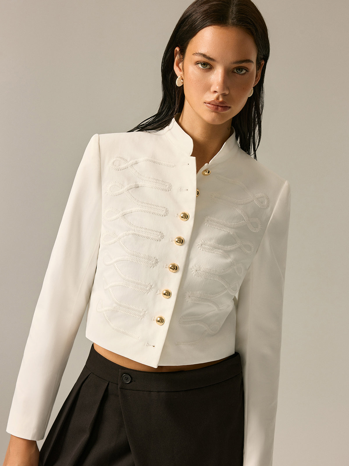 Stand Collar Embroidery Metal Button Jacket