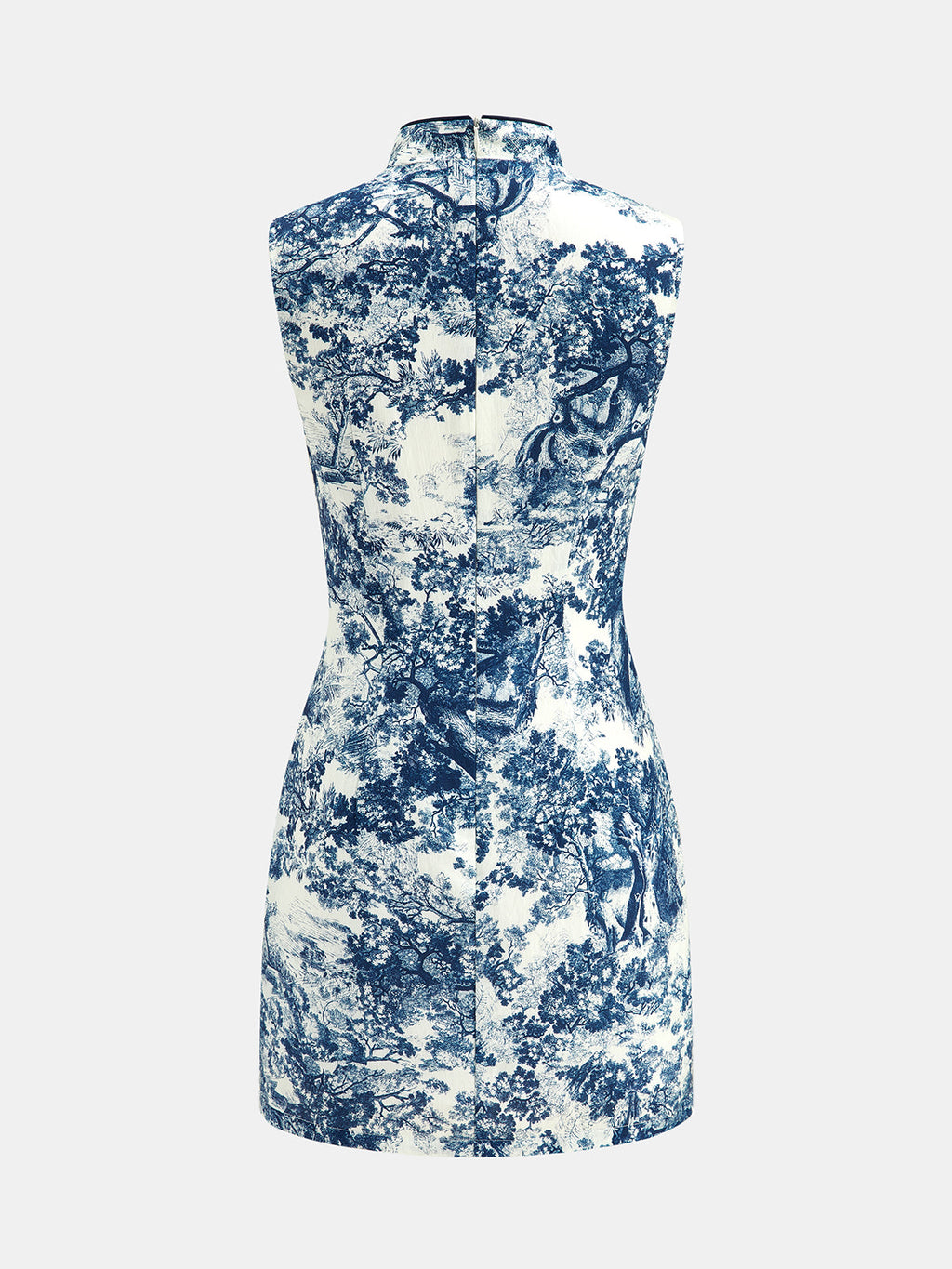 Toile Print Frog Button Sleeveless Mini Dress