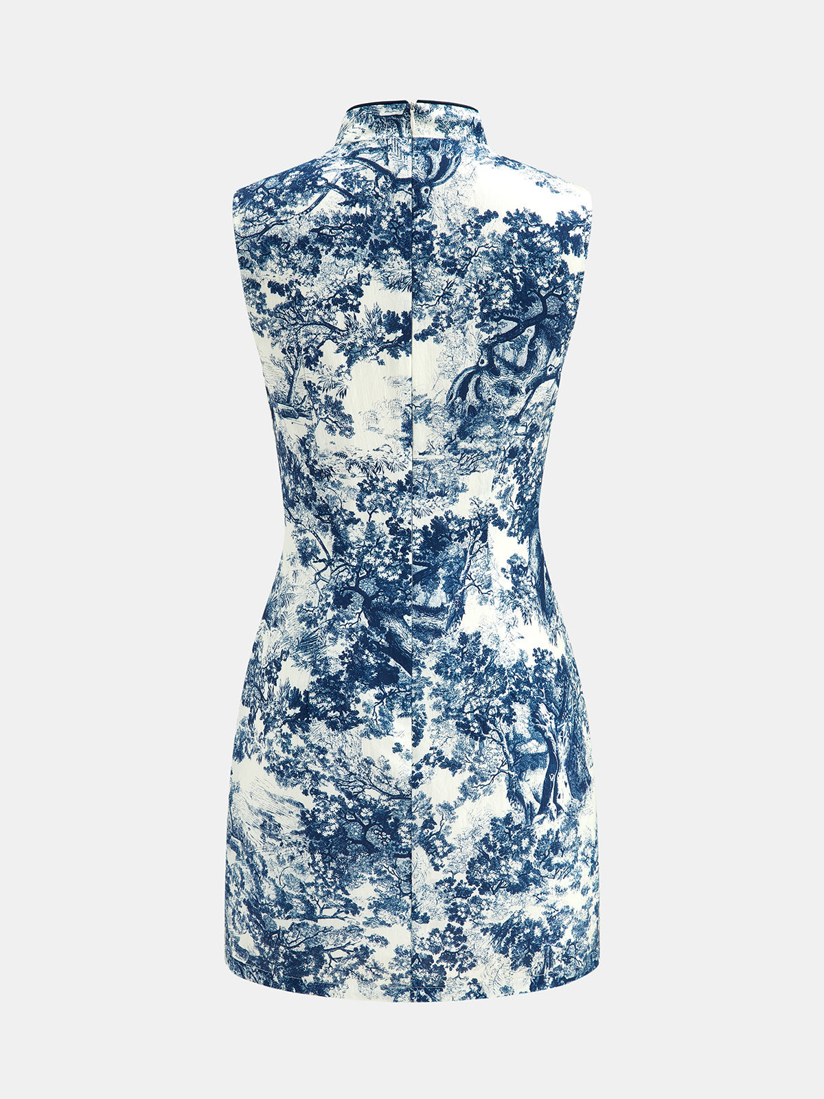 Toile Print Frog Button Sleeveless Mini Dress