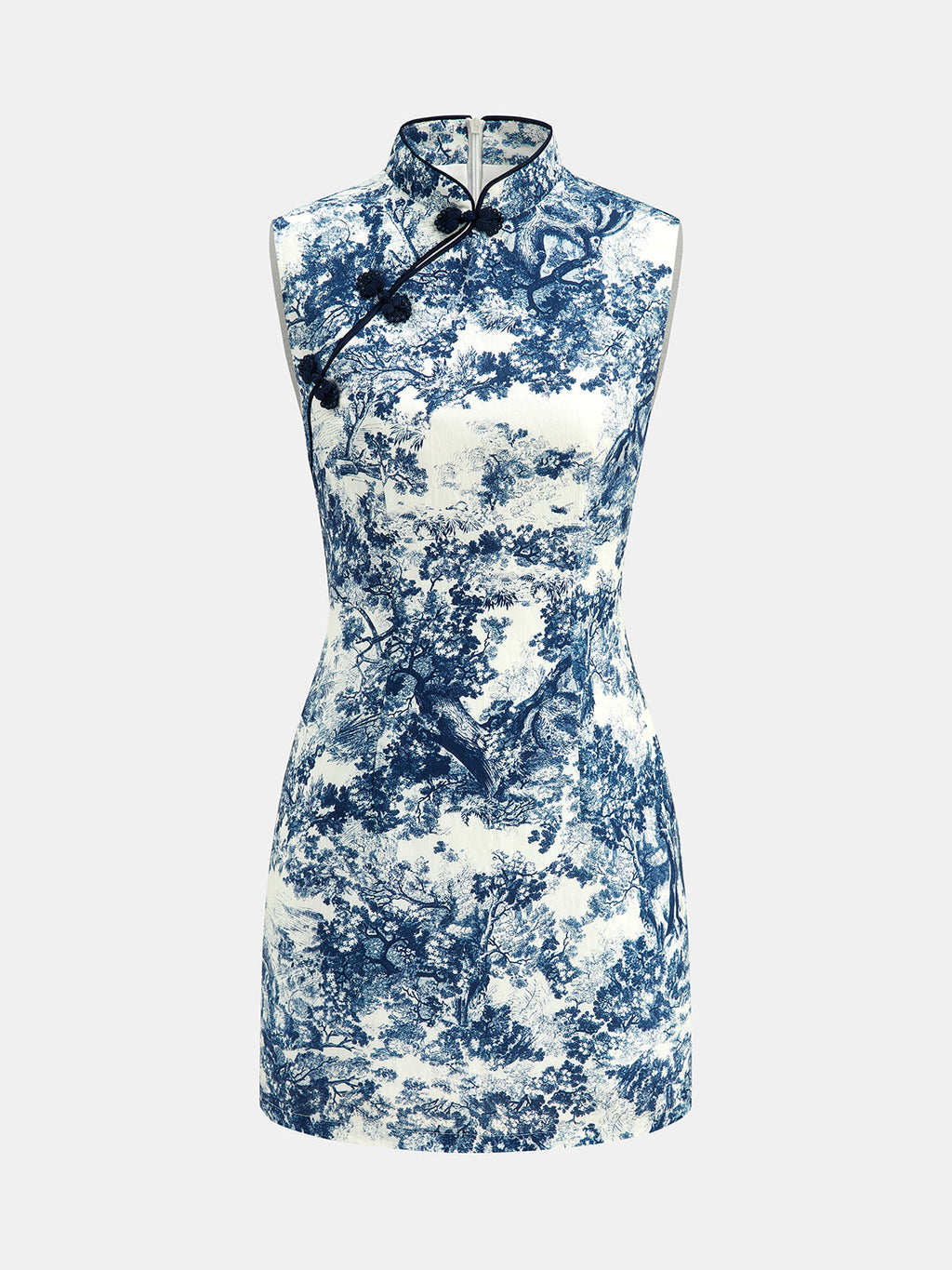 Toile Print Frog Button Sleeveless Mini Dress