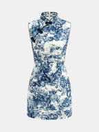 Toile Print Frog Button Sleeveless Mini Dress