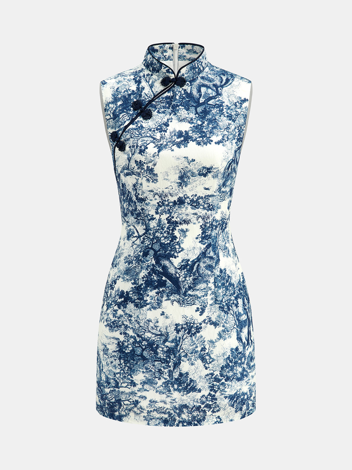 Toile Print Frog Button Sleeveless Mini Dress