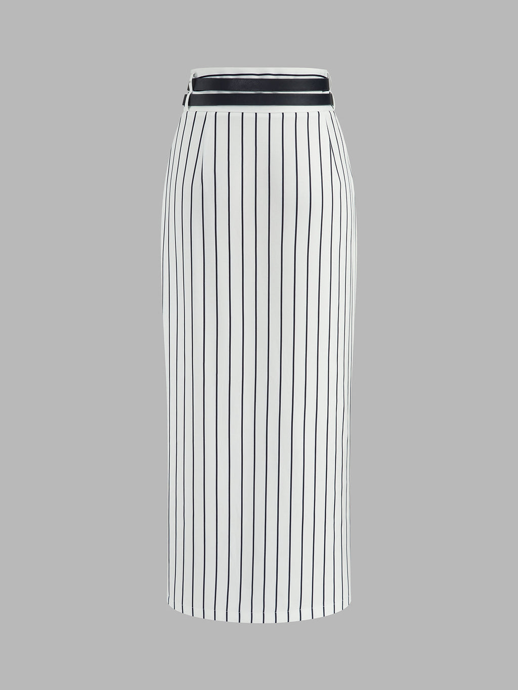 Double Belt Pinstripe Slit Midi Skirt