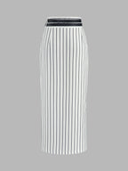 Double Belt Pinstripe Slit Midi Skirt