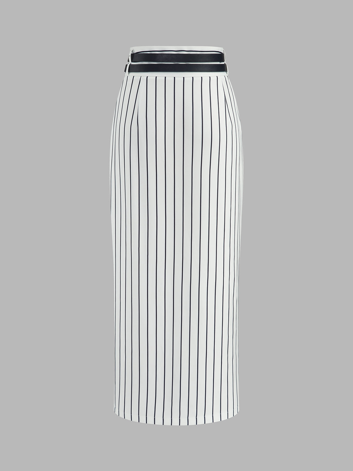 Double Belt Pinstripe Slit Midi Skirt