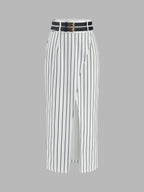 Double Belt Pinstripe Slit Midi Skirt