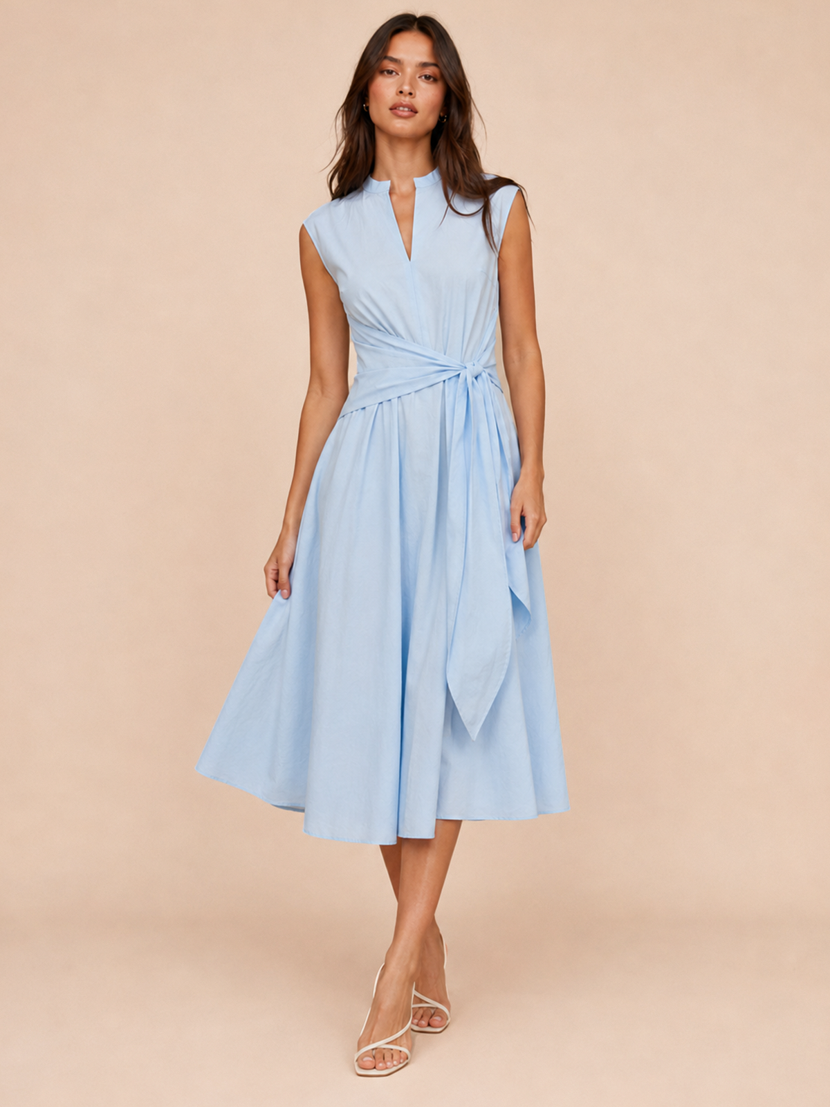 Sleeveless Tie Waist Cotton Blend Midi Dress