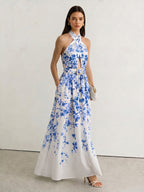 Floral Print Polka Dot Halter Belted Maxi Dress