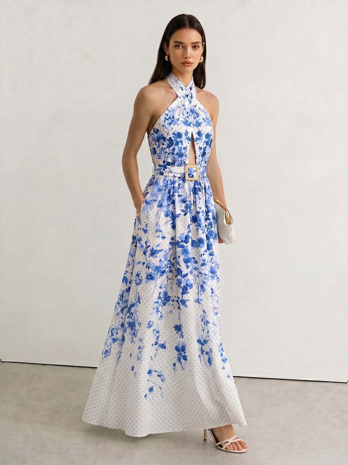 Floral Print Polka Dot Halter Belted Maxi Dress