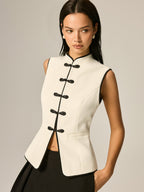 Frog Button Contrast Trim Textured Vest
