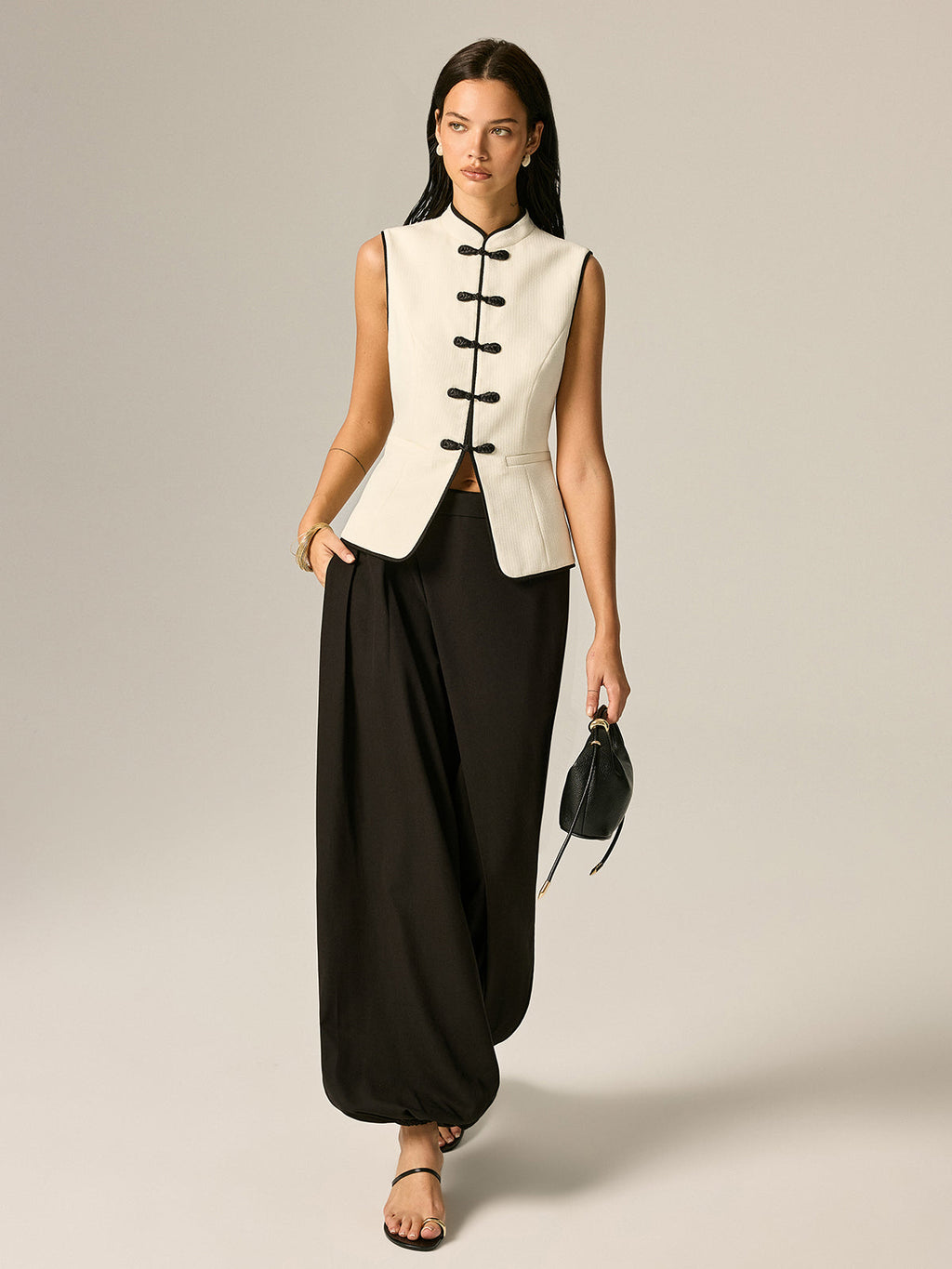 Frog Button Contrast Trim Textured Vest
