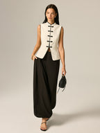 Frog Button Contrast Trim Textured Vest
