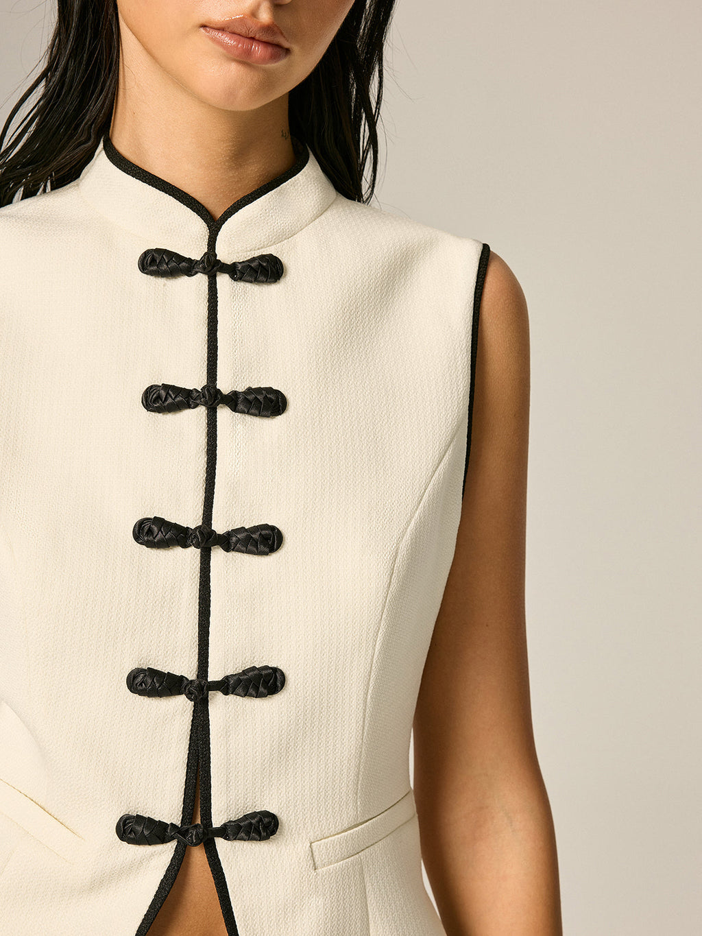 Frog Button Contrast Trim Textured Vest