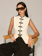 Frog Button Contrast Trim Textured Vest