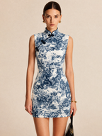 Toile Print Frog Button Sleeveless Mini Dress