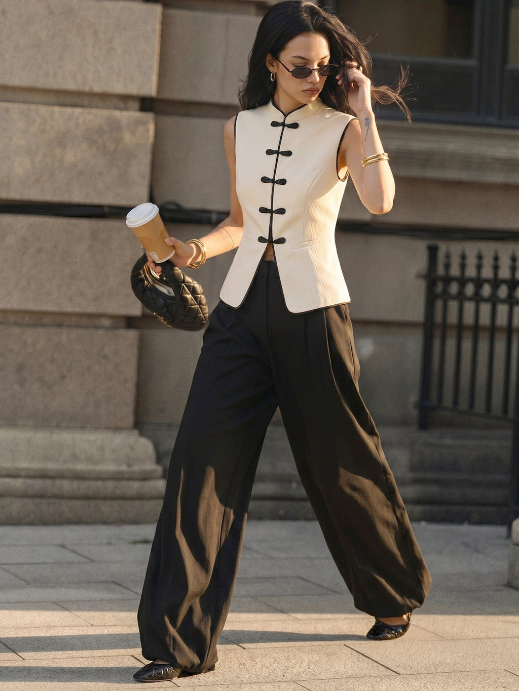 Frog Button Contrast Trim Textured Vest