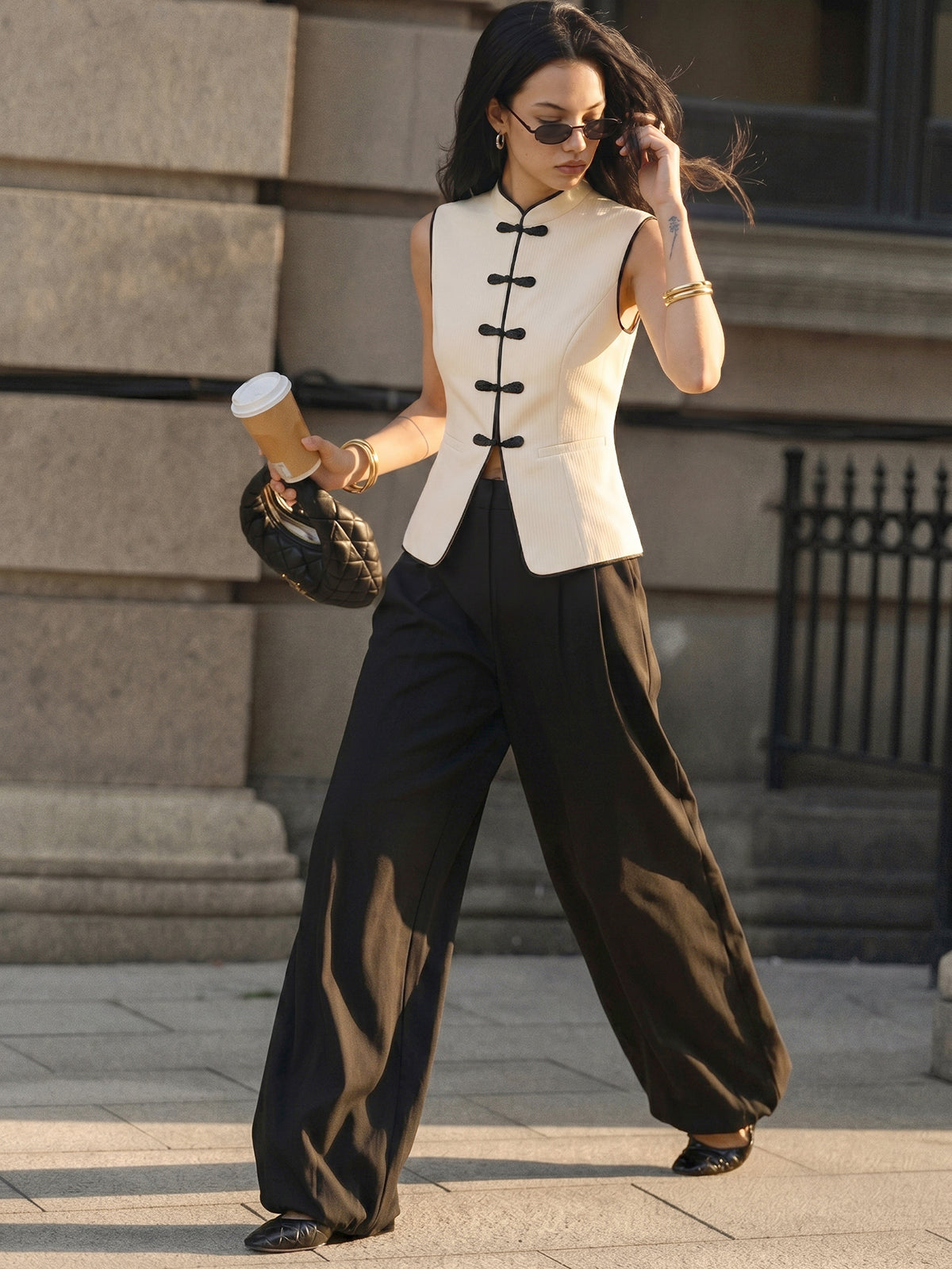 Frog Button Contrast Trim Textured Vest