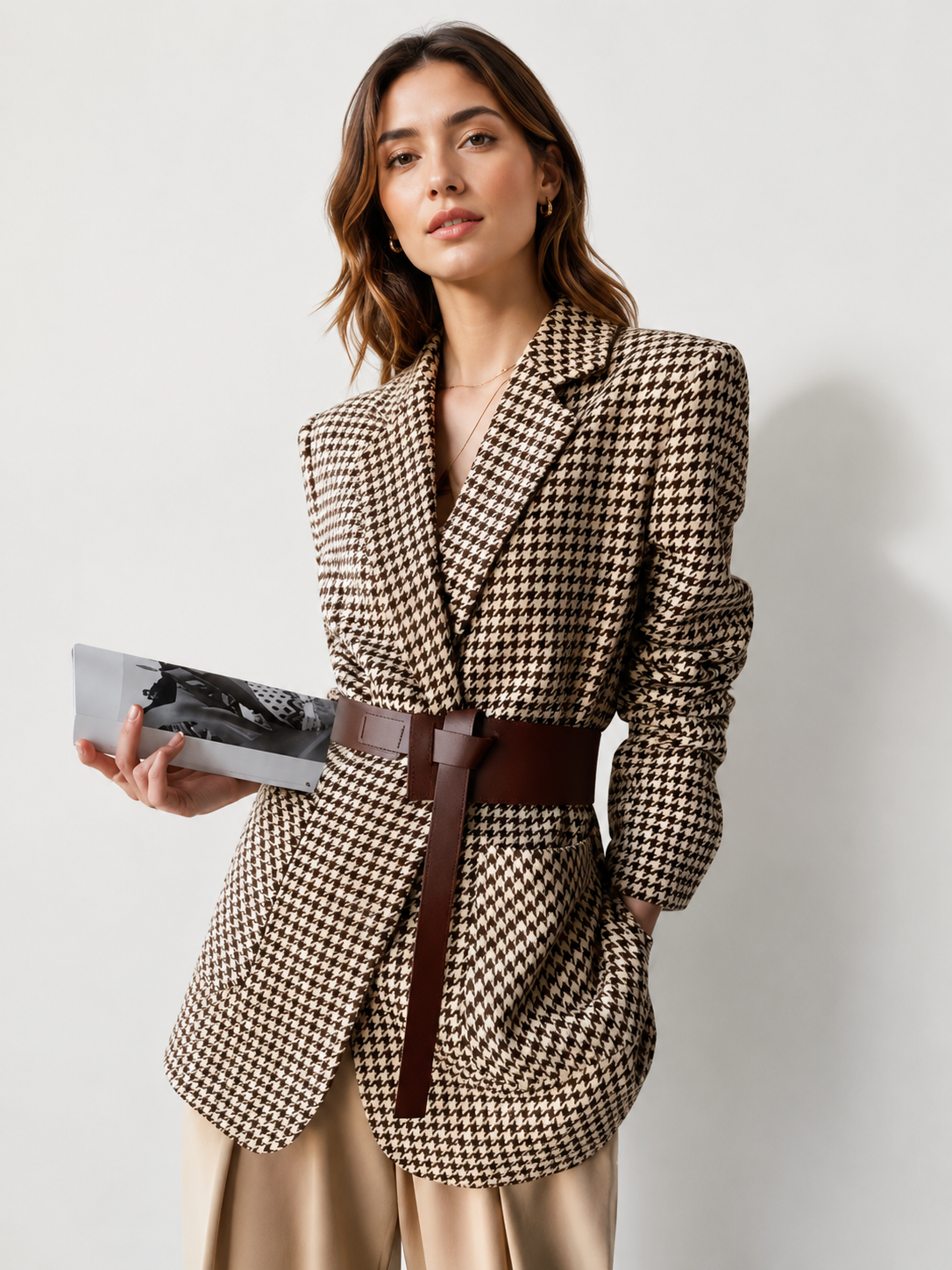 Houndstooth Split Blazer With Belt