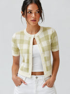 Plaid Short Sleeve Knit Cardigan