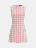 Gingham Scallop Hem Tweed Mini Dress