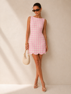 Gingham Scallop Hem Tweed Mini Dress
