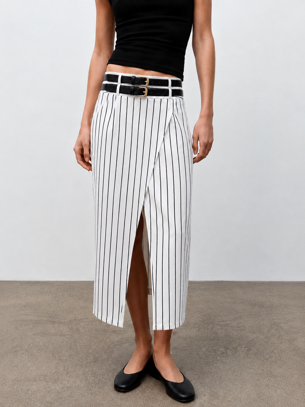 Double Belt Pinstripe Slit Midi Skirt