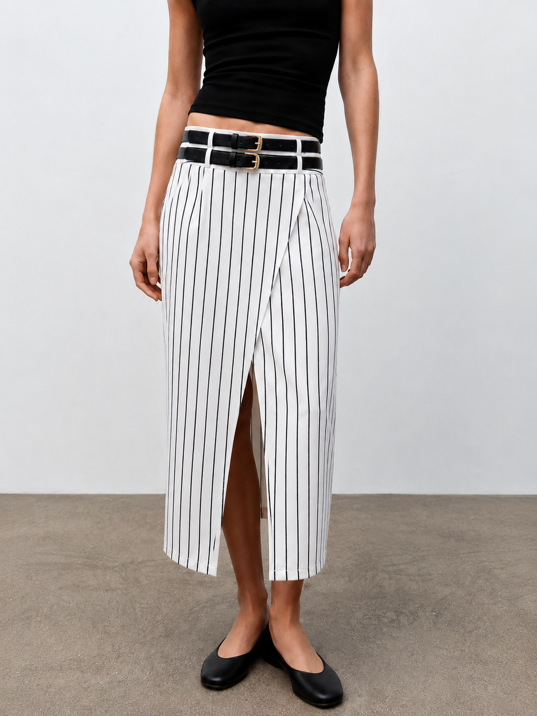 Double Belt Pinstripe Slit Midi Skirt