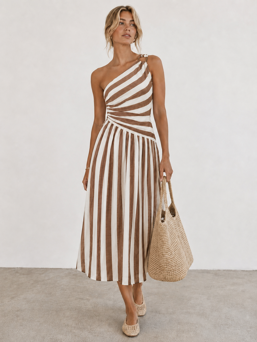 One-Shoulder Striped Ring Detail Midi Dress