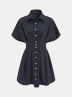 Pinstripe Cinched Waist Mini Shirt Dress