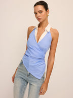 Contrast Collar Asymmetric Striped Halter Top