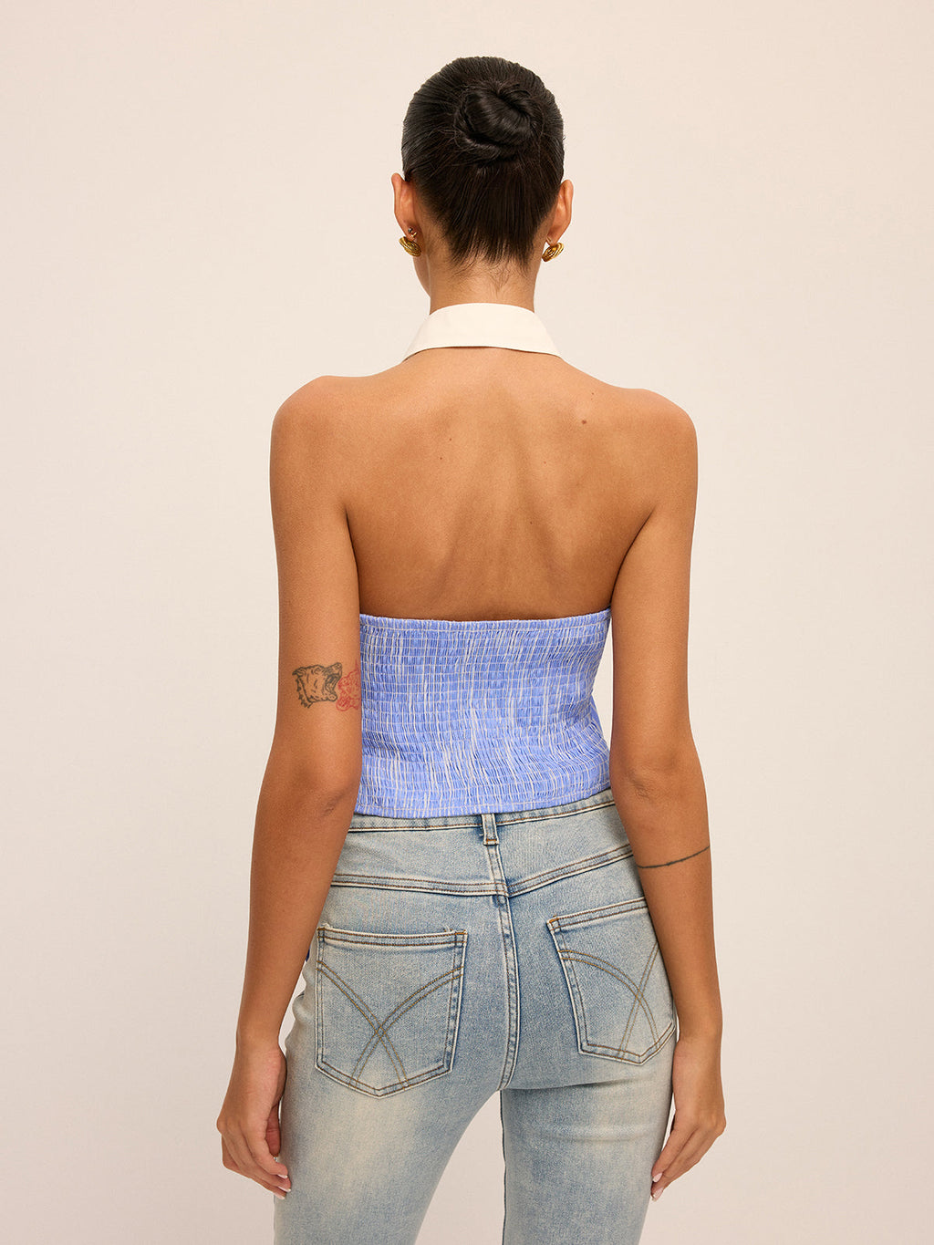 Contrast Collar Asymmetric Striped Halter Top