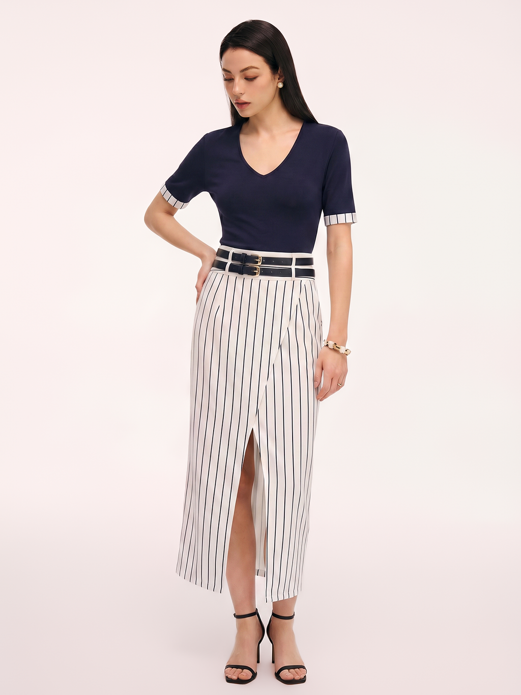 Double Belt Pinstripe Slit Midi Skirt