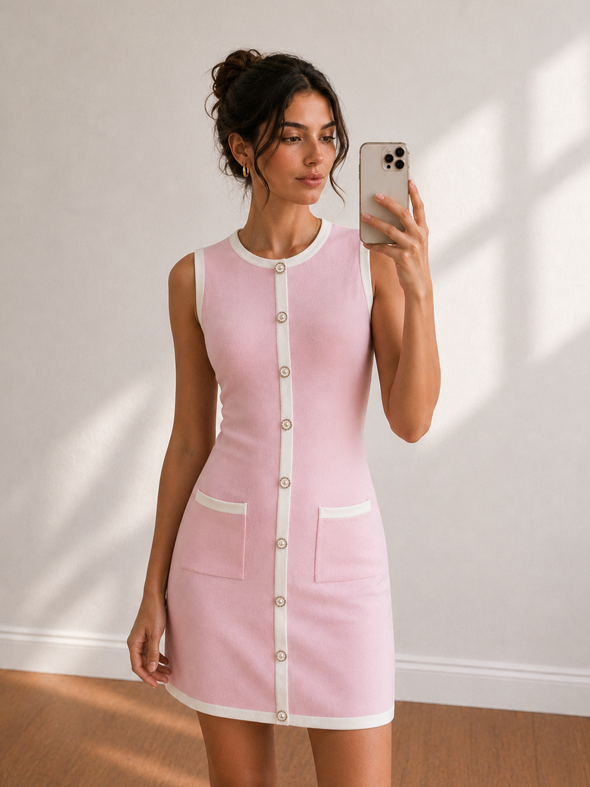 Contrast Trim Pearl Knit Mini Dress