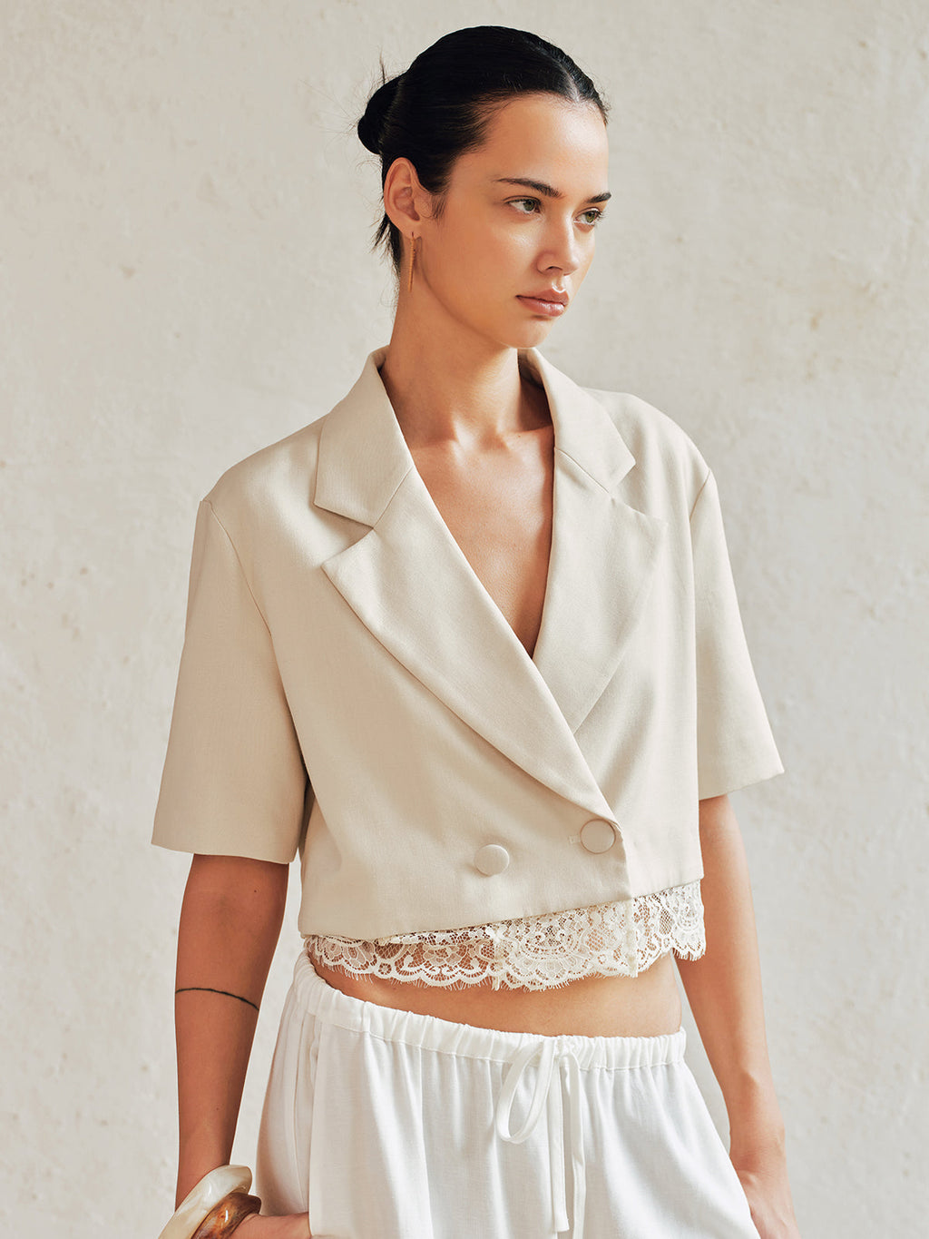 Double Breasted Lace Hem Short Sleeve Blazer