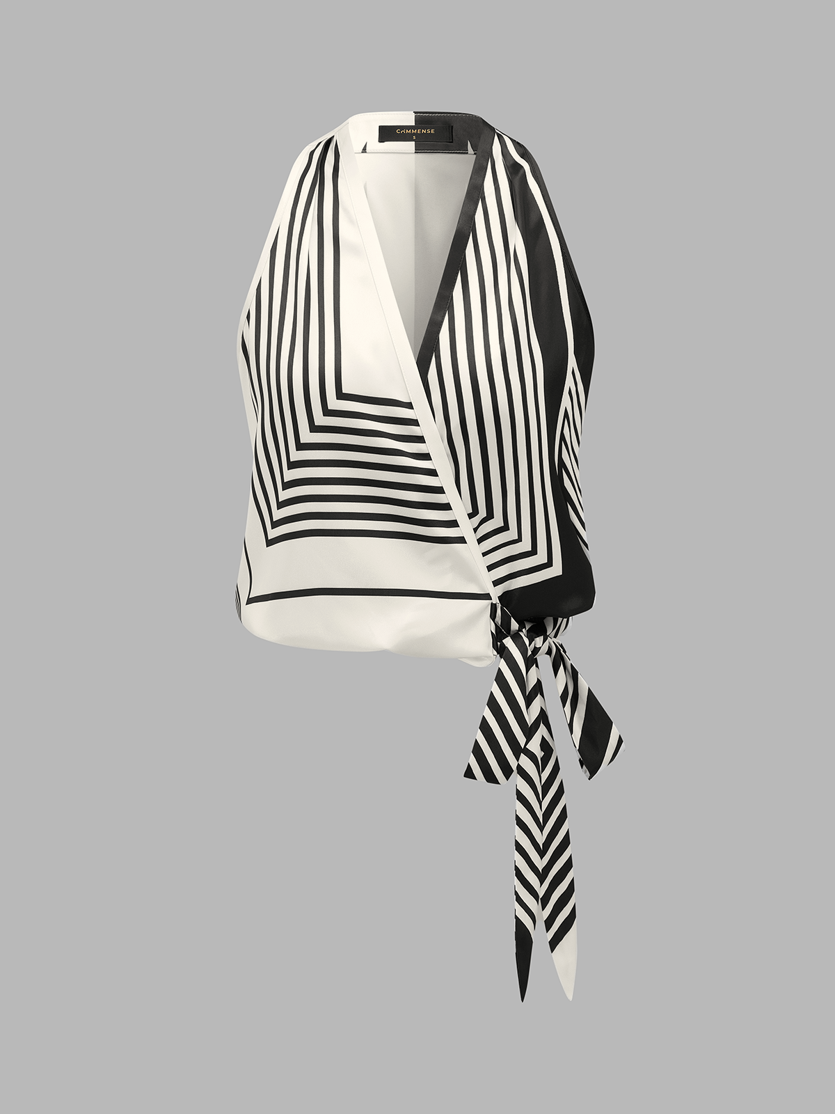 Geometric Stripe Halter Wrap Tie Satin Top