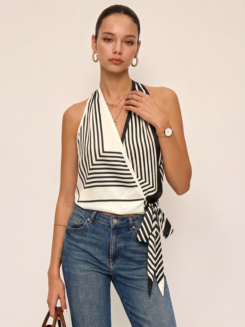 Geometric Stripe Halter Wrap Tie Satin Top