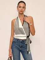 Geometric Stripe Halter Wrap Tie Satin Top