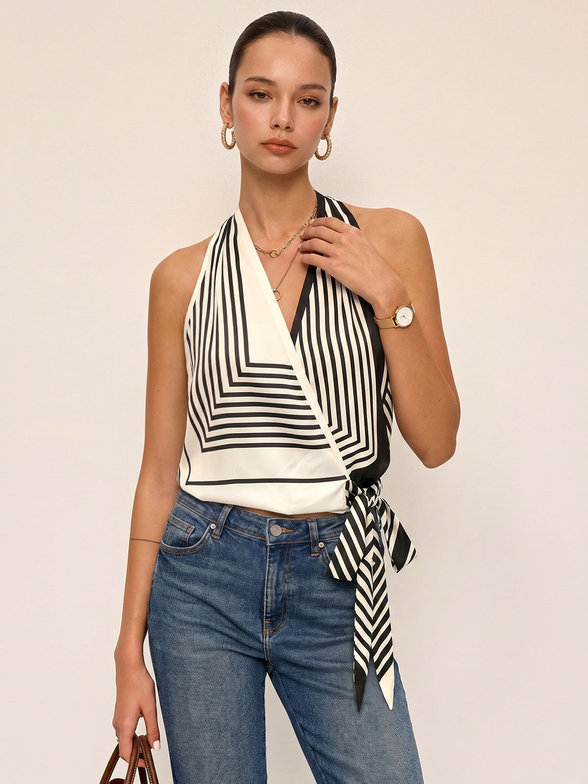 Geometric Stripe Halter Wrap Tie Satin Top