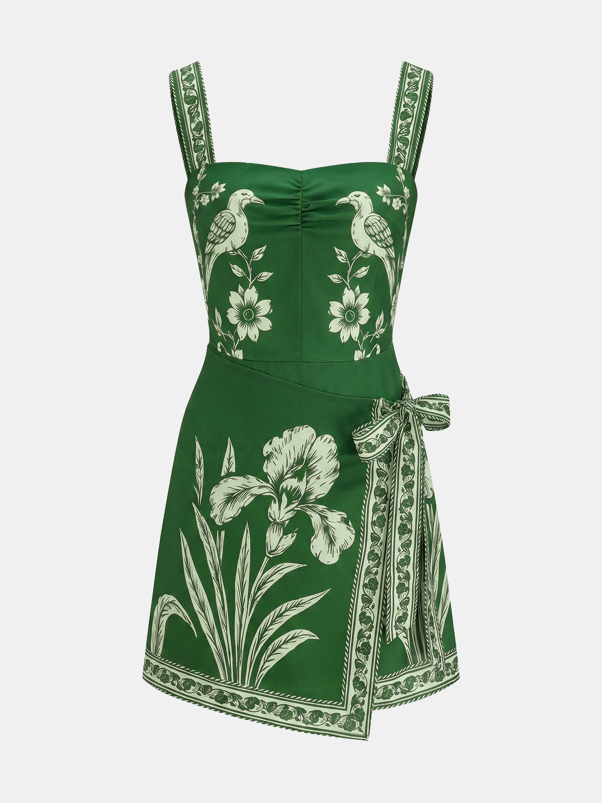 Floral Bird Print Wrap Tie Mini Dress
