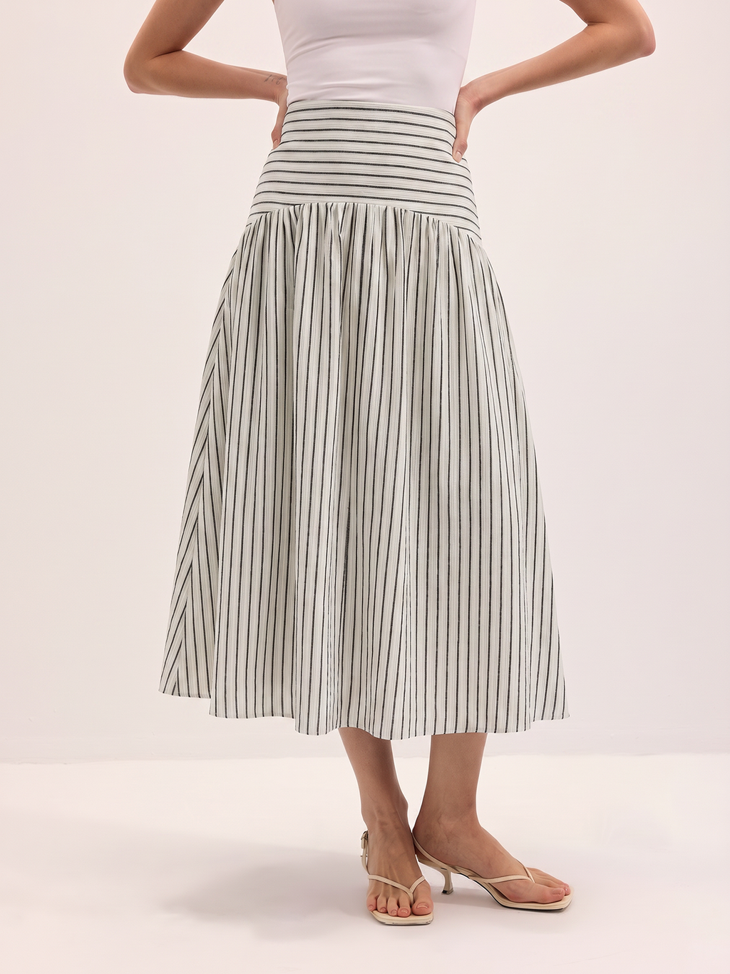 Mid Waist Striped Gathered Midi Skirt