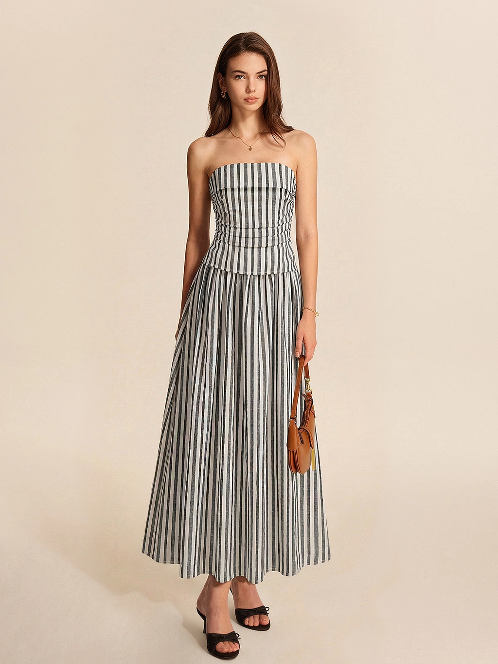 Striped Strapless Cotton Linen Ruched Dress