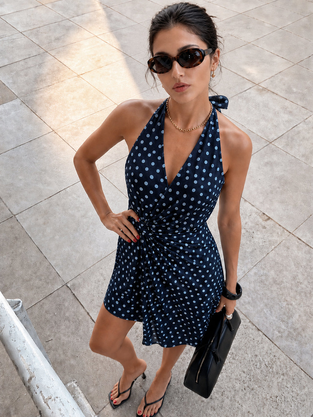 Halter Twist Polka Dot Tencel Mini Dress